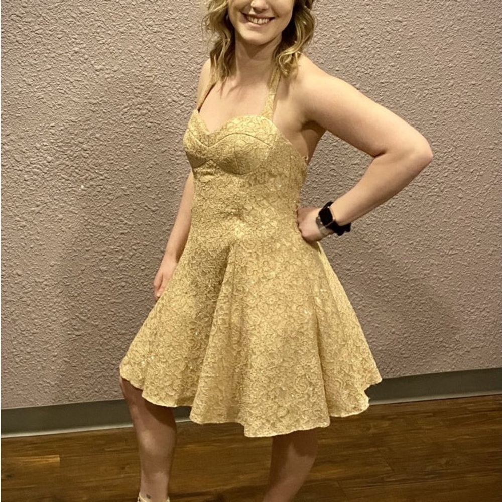 Vintage Beige Lace Halter Dress
